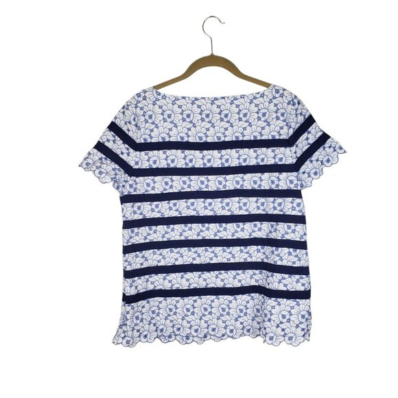 Talbots Applique Embroidered Eyelet Stripe Blue Floral Short Sleeve Top Size 14P - Picture 2 of 7